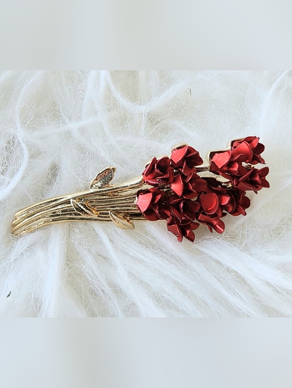 Gold-Tone Floral Branch Brooch with Red Blossoms